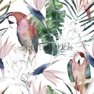 Tableau  Oiseau de paradis et feuilles tropicales