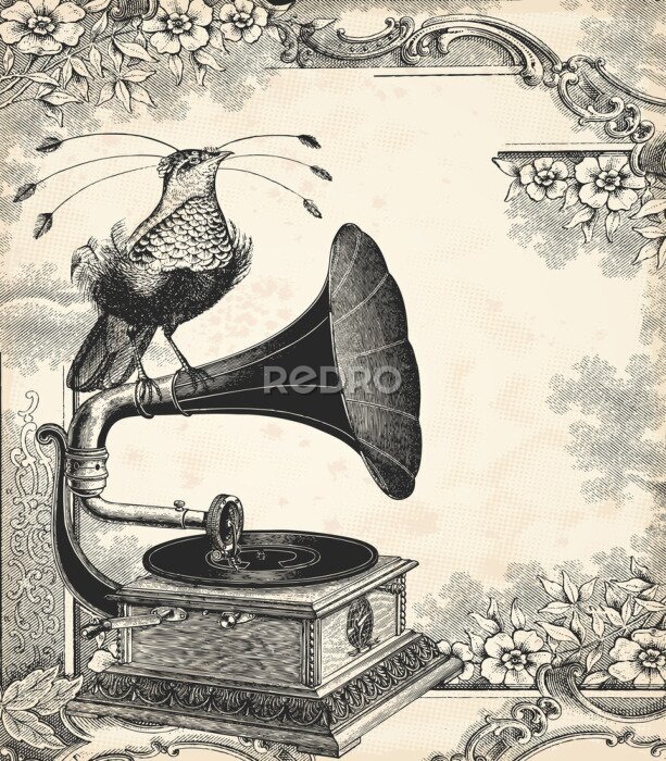 Tableau  Oiseau de paradis et gramophone