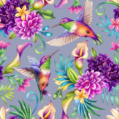 Tableau  Oiseaux arc-en-ciel et fleurs colorées
