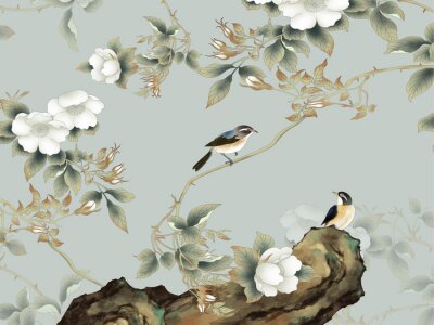 Oiseaux assis sur des branches avec des fleurs blanches