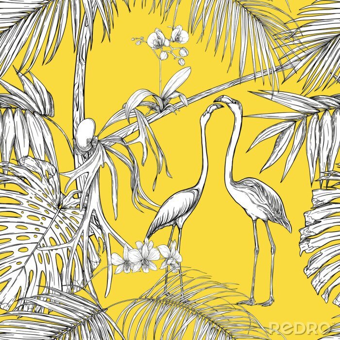 Tableau  Oiseaux blancs et plantes exotiques