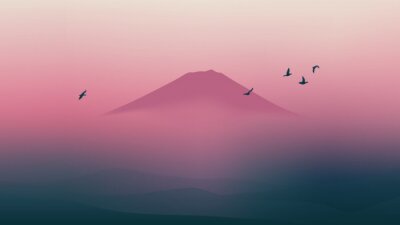 Tableau  Oiseaux dans le ciel couchant au-dessus de Fuji