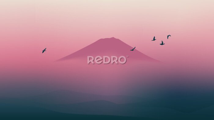 Tableau  Oiseaux dans le ciel couchant au-dessus de Fuji