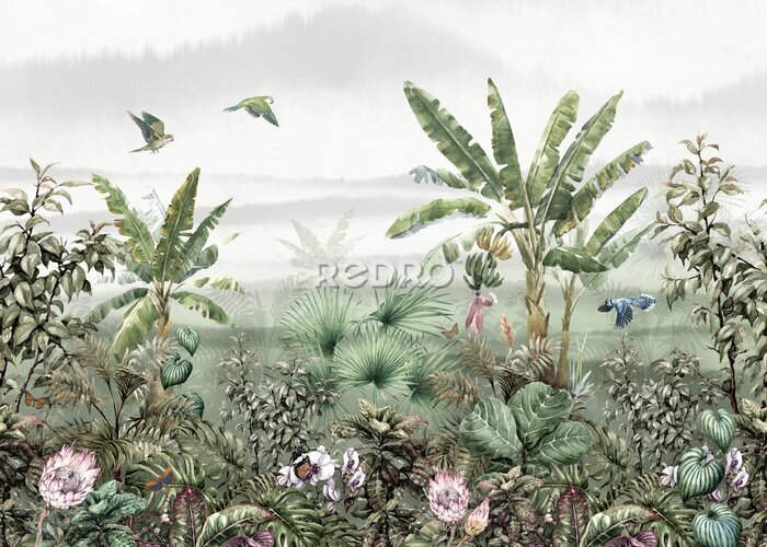 Tableau  Oiseaux dans une jungle tropicale sur fond de paysage brumeux