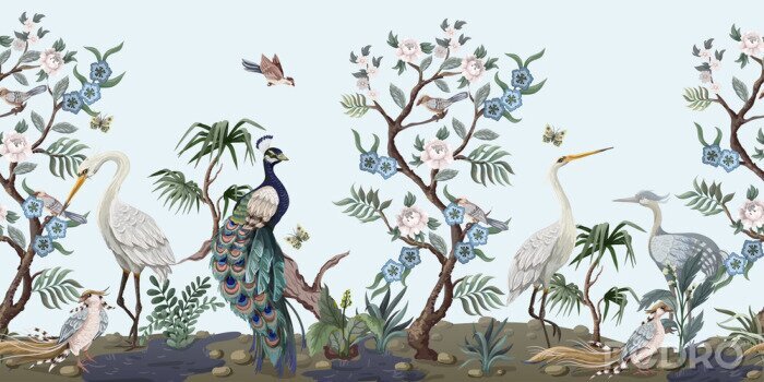 Tableau  Oiseaux et arbres à fleurs
