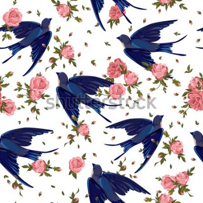 Tableau  Oiseaux et fleurs bleus