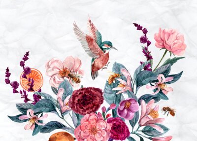 Tableau  Oiseaux et fleurs colorées