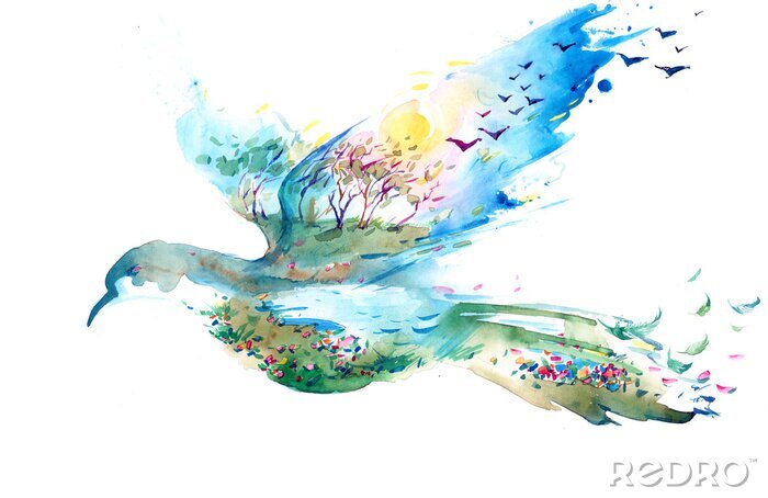 Tableau  Oiseaux et paysage pittoresque