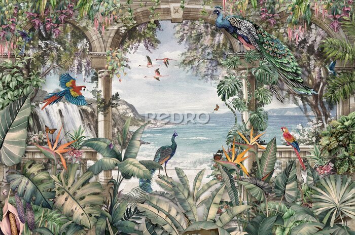 Tableau  Oiseaux exotiques, flamants roses et paons sous les tropiques