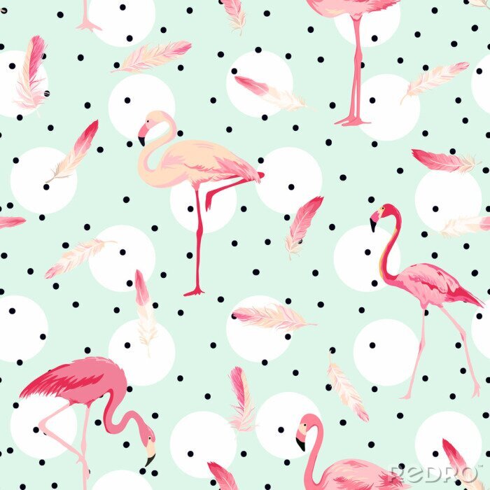 Tableau  Oiseaux flamants roses à pois