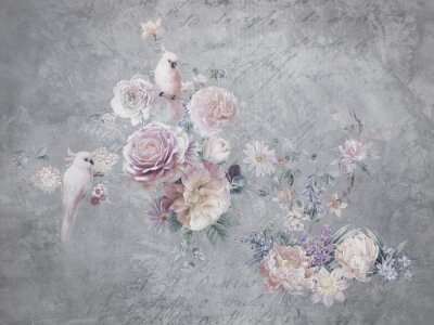 Tableau  Oiseaux parmi les fleurs sur fond en béton gris