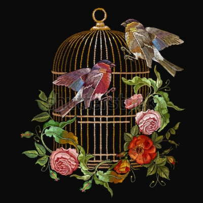 Tableau  Oiseaux près de la cage avec des fleurs