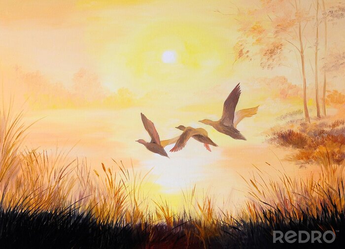 Tableau  Oiseaux sur fond de coucher de soleil