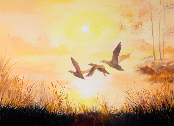 Tableau  Oiseaux sur fond de coucher de soleil