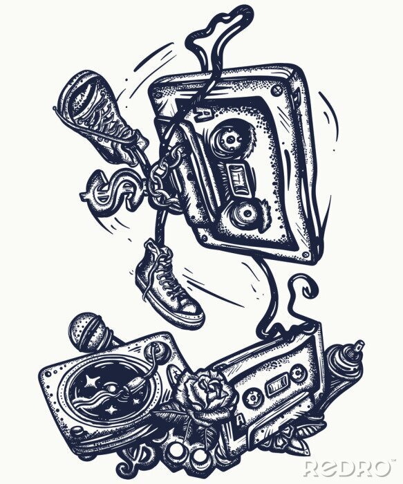 Tableau  Old school music. Audio cassette dances break dance. Funny art. Musical street culture. Cool hip hop break dancer. Tattoo and t-shirt design. Vinyl, microphone, rap battle