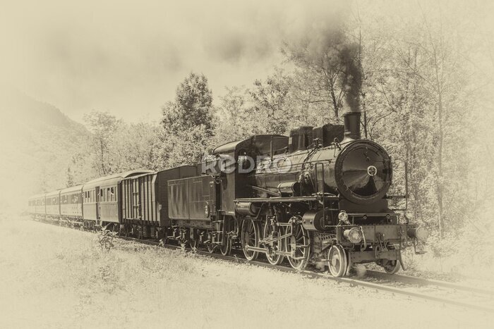 Tableau  Old steam locomotive in vintage style