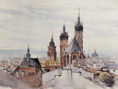 Tableau  Old town, Kracow, Poland with Miariacki Church in background.Picture created with watercolors.