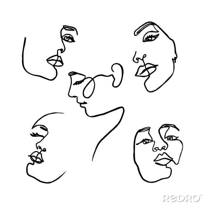 Tableau  One Line drawing of set Woman's Face. Continuous line Portrait of a girl In a Minimalist Style. Vector Illustration.