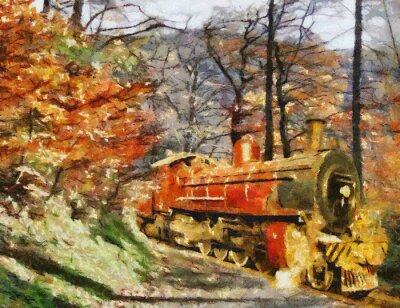 Tableau  Orange Train à travers la forêt (peinture à l'huile)