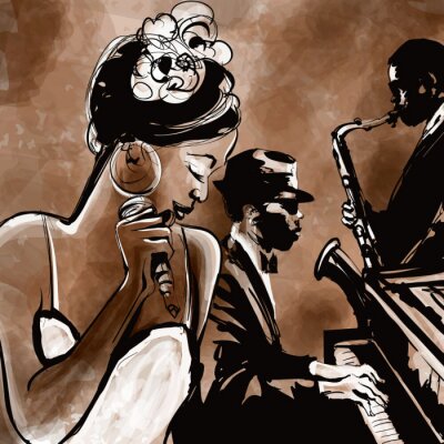 Tableau  Orchestre de jazz avec le chanteur, saxophone et piano - illustration
