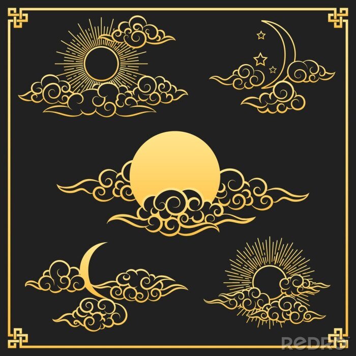 Tableau  Oriental clouds, sun and moon. Gold sun and moon with clouds in old decorative traditional asian or chinese style vector illustration