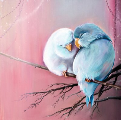 Tableau  Original oil painting on canvas of two parrot lovebird is sitting on branch close each other