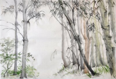 Tableau  Original watercolor painting of bamboo forest on rice paper.