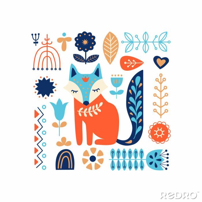 Tableau  Ornements nordiques, motif d'art populaire. Style scandinave. Renard et fleurs de la forêt. Illustration vectorielle