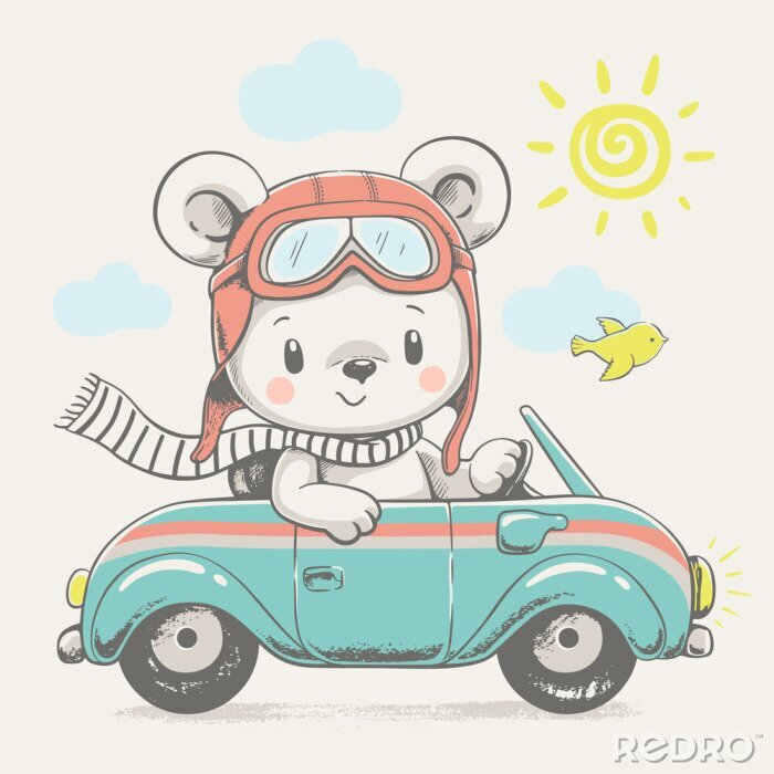 Tableau  Ours mignon au volant de la voiture dessin animé main dessinée illustration vectorielle. Peut être employé pour l'impression de T-shirt, les enfants portent la conception de mode, la salutation de fêt