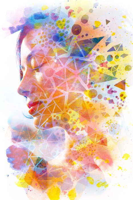 Tableau  Paintography. Double Exposure portrait of a young beautiful woman combined with hand drawn ink painting created using unique technique.