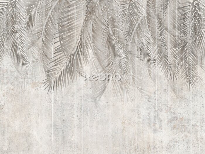 Tableau  Palm leaves on the wall, tropical leaves. Illustration for wallpaper, card, poster, decoration. Mural.