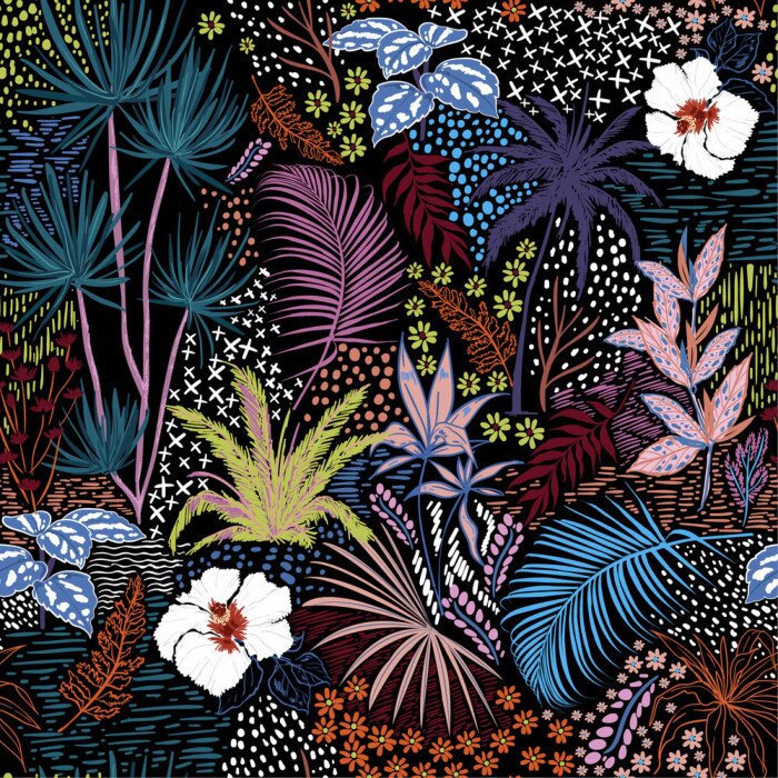 Tableau  Palmiers colorés et plantes tropicales