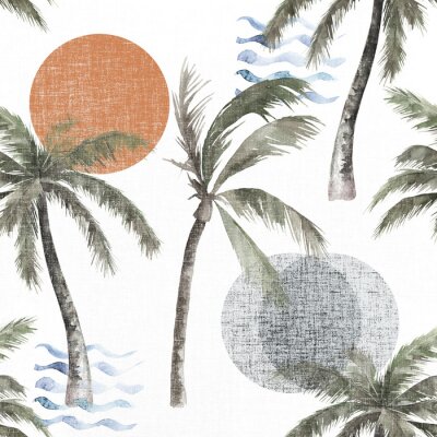 Tableau  Palmiers tropicaux et soleil peints à l'aquarelle