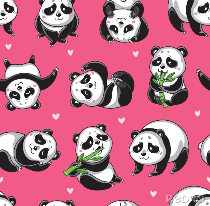 Tableau  Pandas avec bambou sur fond rose