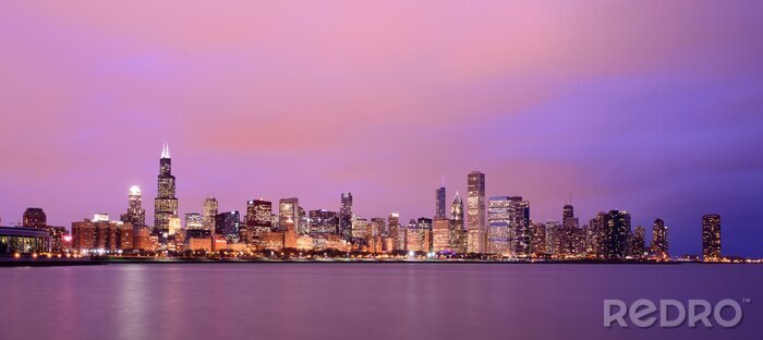 Tableau  Panorama de Chicago ciel mauve
