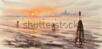 Tableau  Panorama de la lagune de Venise au coucher du soleil. Image créée à l'aquarelle.