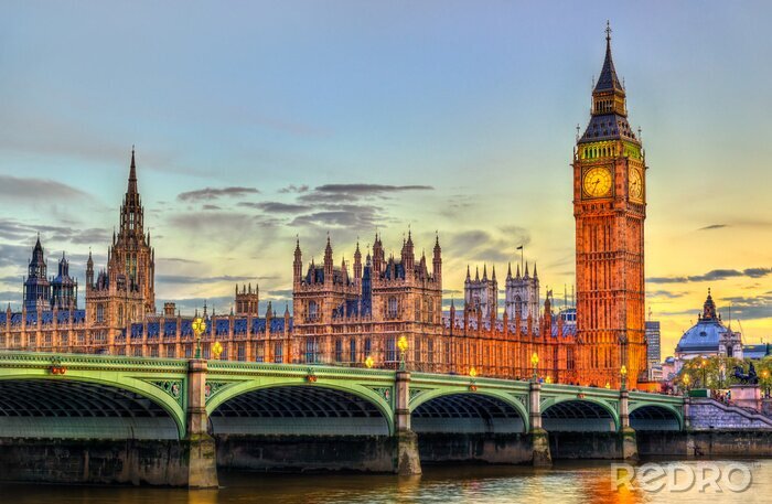 Tableau  Panorama de Londres illuminée avec Big Ben au crépuscule