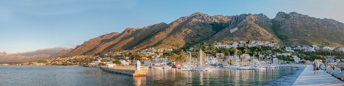 Tableau  Panorama of Gordons Bay harbor and Hottentots-Holland Mountains