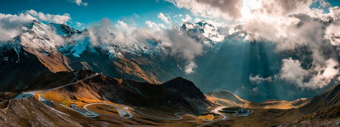 Tableau  Panoramic Image of Grossglockner Alpine Road. Curvy Winding Road in Alps.