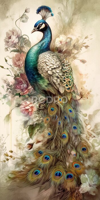 Tableau  Paon majestueux parmi les fleurs