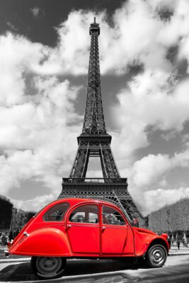 Paris la Tour Eiffel en noir et blanc et voiture coccinelle