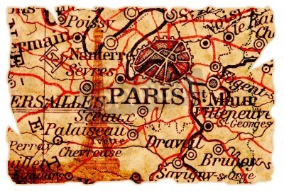 Tableau  Paris sur une carte déchirée ancienne avec la tour eiffel, isolé. Une partie de l'ancienne série de la carte.