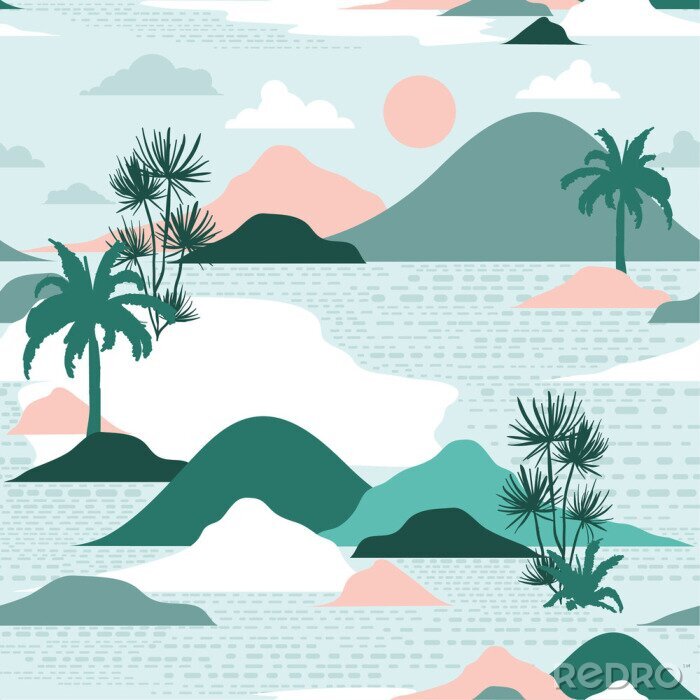 Tableau  Pastel and sweet  silhouette of palm tree,beach,mountain on modern paper cut style seamless pattern vector design for fashion,fabric,and all prints