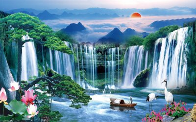 Tableau  Paysage abstrait cascade sur fond de montagnes