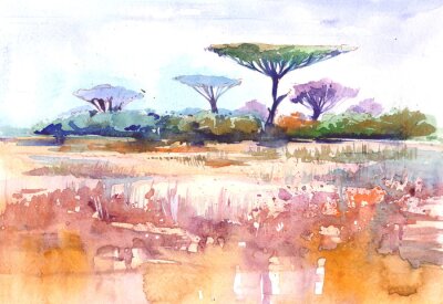 Tableau  Paysage africain. Savana. Illustration aquarelle