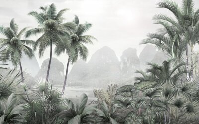 Tableau  Paysage botanique d&#39;une jungle avec des montagnes en arrière-plan
