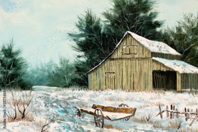Tableau  Paysage d&#39;hiver pittoresque avec un chalet en bois