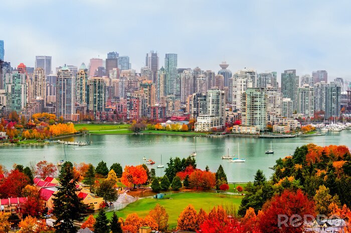 Tableau  paysage d'automne coloré d'une ville moderne au bord de la rivière