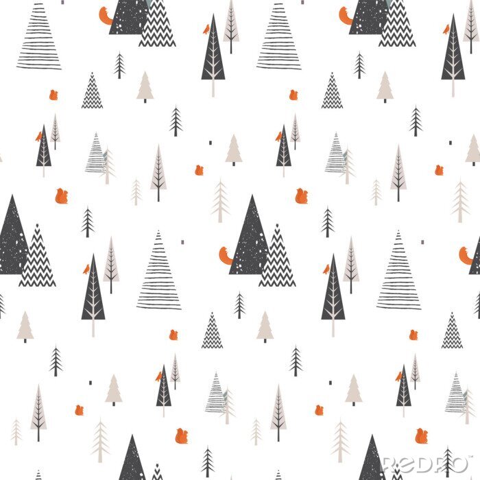 Tableau  Paysage de forêt de Noël hiver avec des animaux de la forêt. modèle sans couture. Illustration vectorielle abstraite