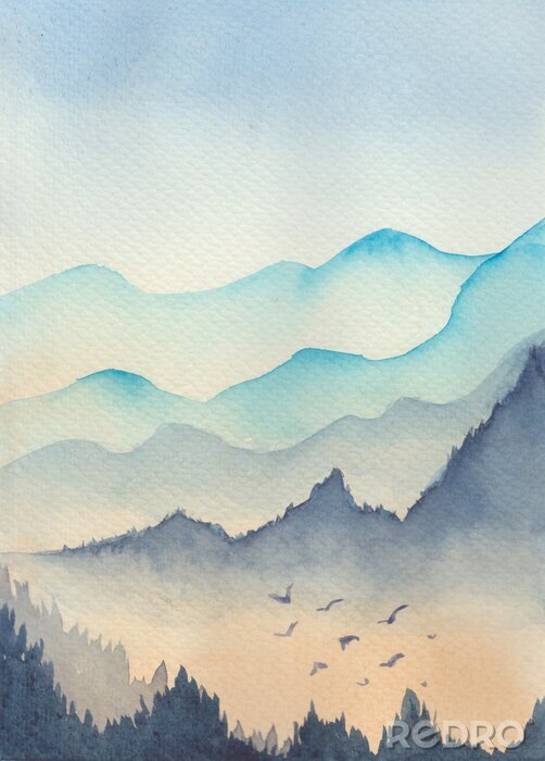Tableau  Paysage de montagnes bleues dans le brouillard avec oiseau